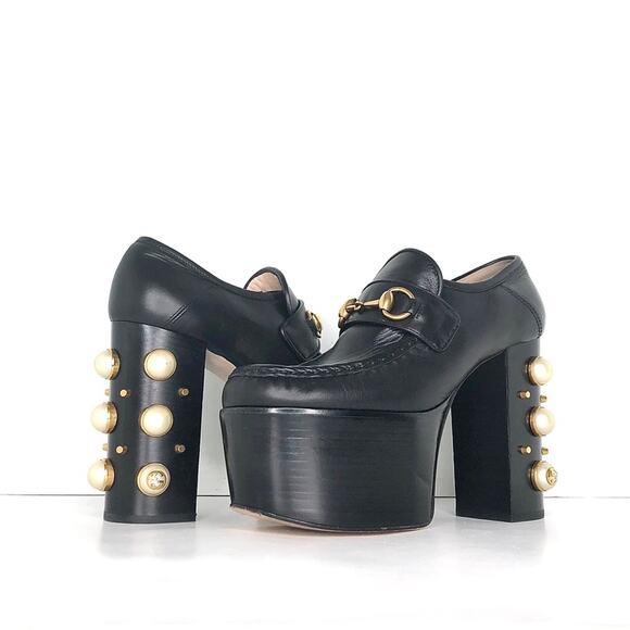 Gucci Vegas Malaga Kid Pearl Studded Platform Horsebit Detail Moc Shoes 37.5 - Picture 1 of 8